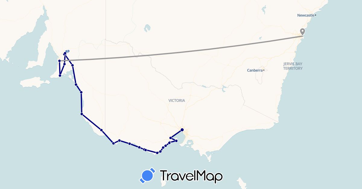 TravelMap itinerary: driving, plane, cycling in Australia (Oceania)